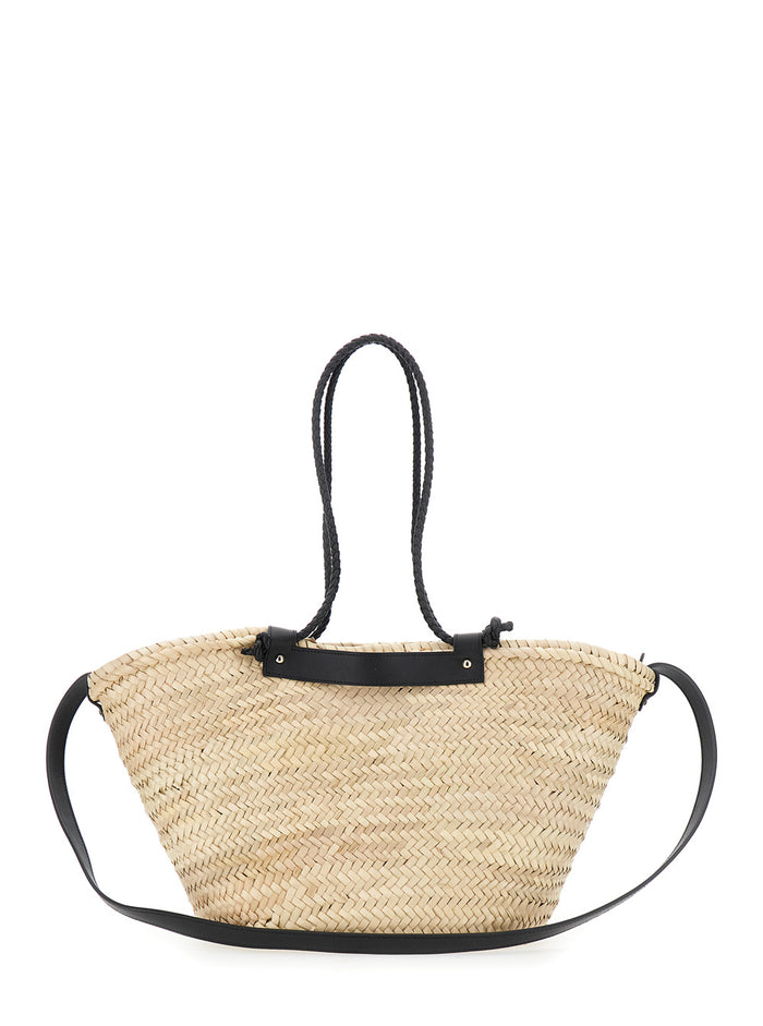 Campania-152 Black Tote Bag With Perforated Logo Lettering On The Front And Removable Leather Shoulder Strap Rafia Woman & Calfskin