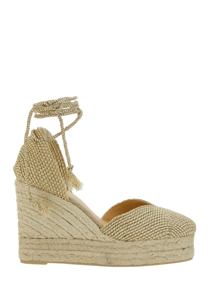 Cora Beige Wedges With Lace-Up Closure Fabric Woman Metallic Jute Rayon