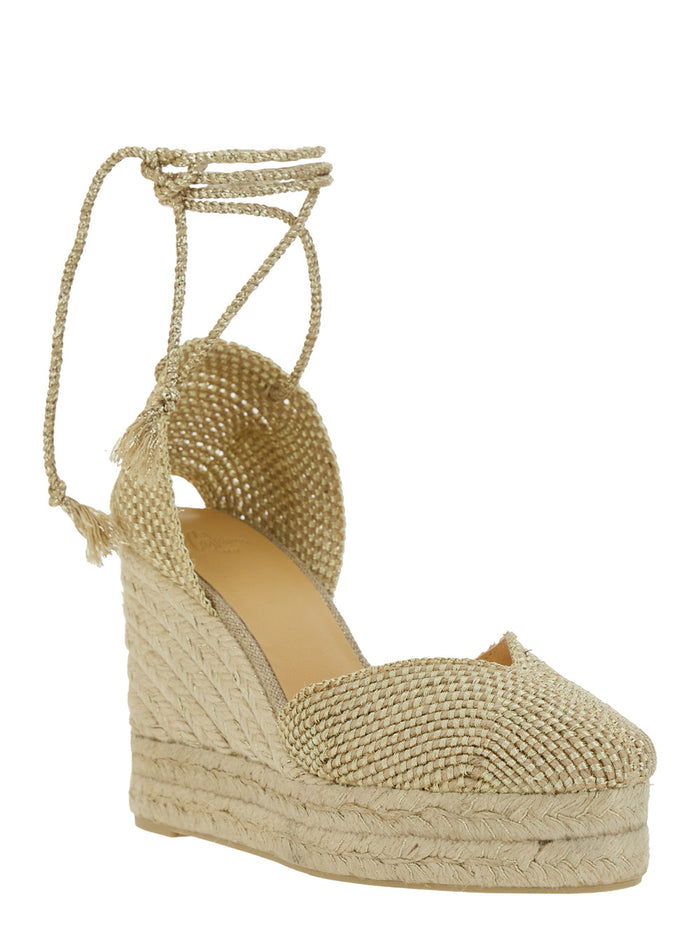 Cora Beige Wedges With Lace-Up Closure Fabric Woman Metallic Jute Rayon