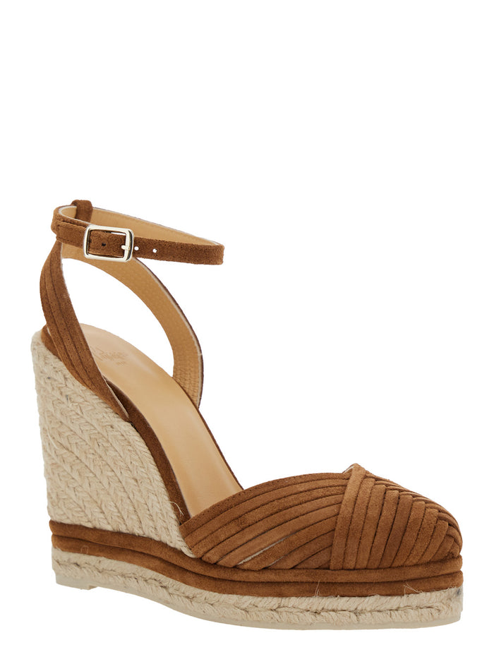 Colina Brown Wedges With Ankle Strap Closure And V Neck Leather Woman Calf