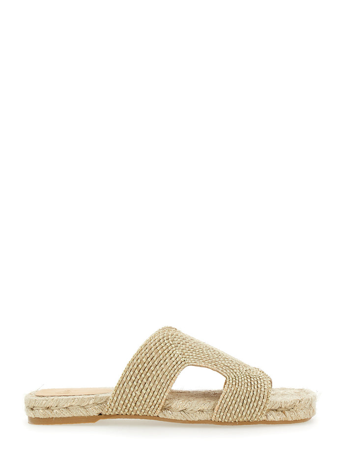 Puri Beige Sandals With Open Toe And Flat Sole Fabric Woman Metallic Jute Rayon Shoes