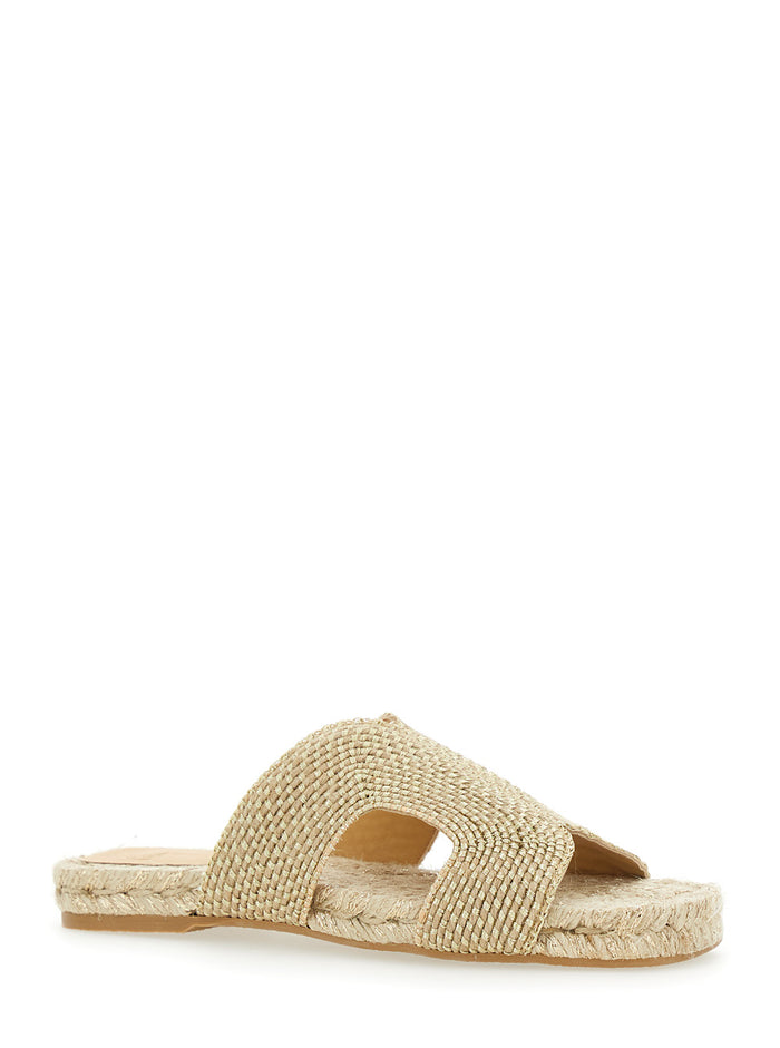 Puri Beige Sandals With Open Toe And Flat Sole Fabric Woman Metallic Jute Rayon Shoes