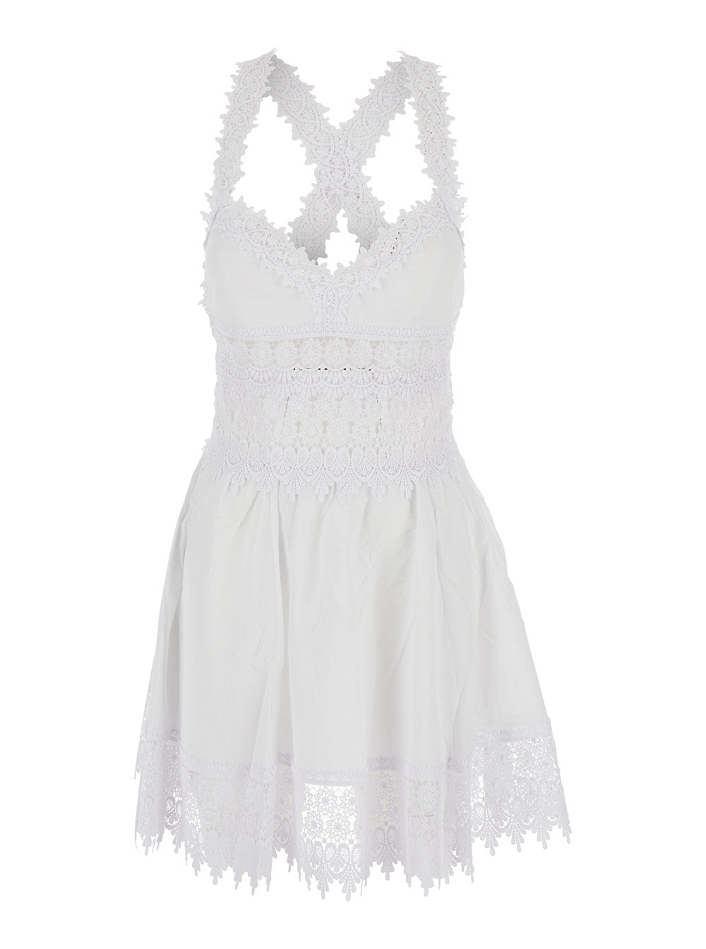 Marilyn White Dress With Crossed Straps And Lace Details Cotton Woman Polyester