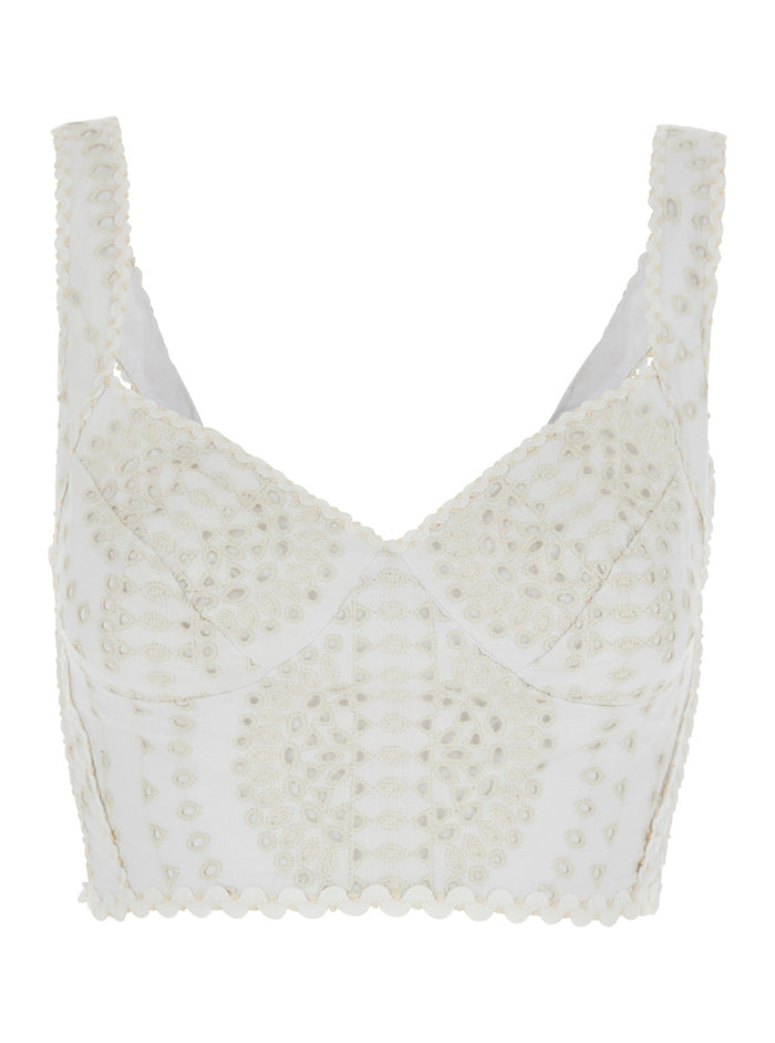 Goldie White Top with V-Neck on the Front and Perforated Design in Cotton Linen Blend Woman Polyester Tops