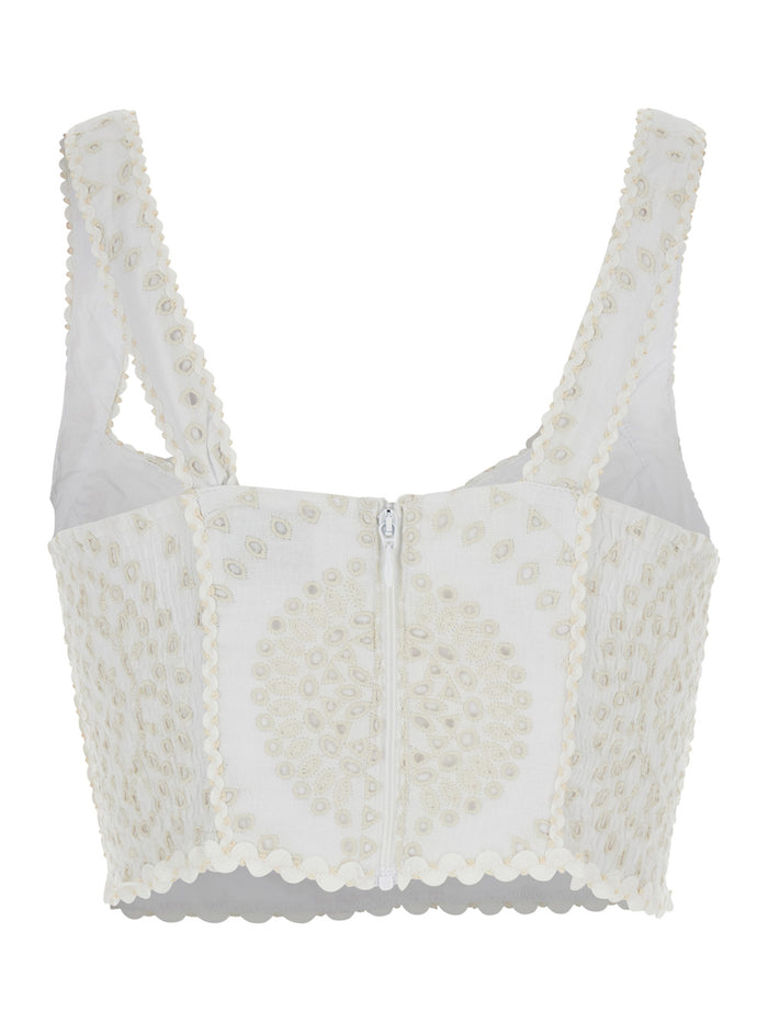 Goldie White Top with V-Neck on the Front and Perforated Design in Cotton Linen Blend Woman Polyester Tops