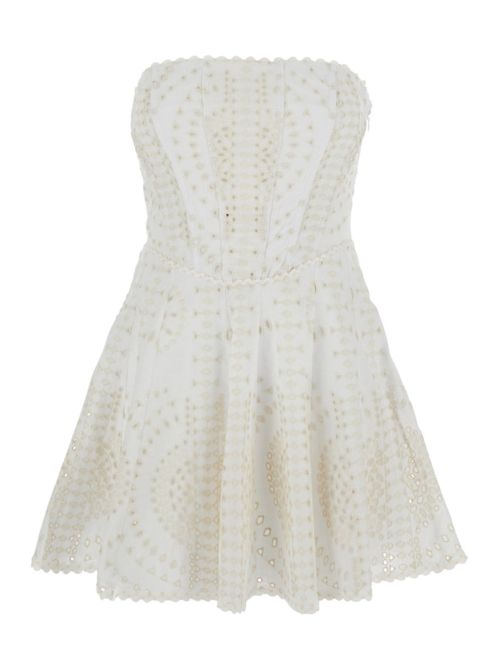 Clem White Dress with Flounce SKirt and All-Over Embroidery in Cotton Linen Blend Woman Polyester