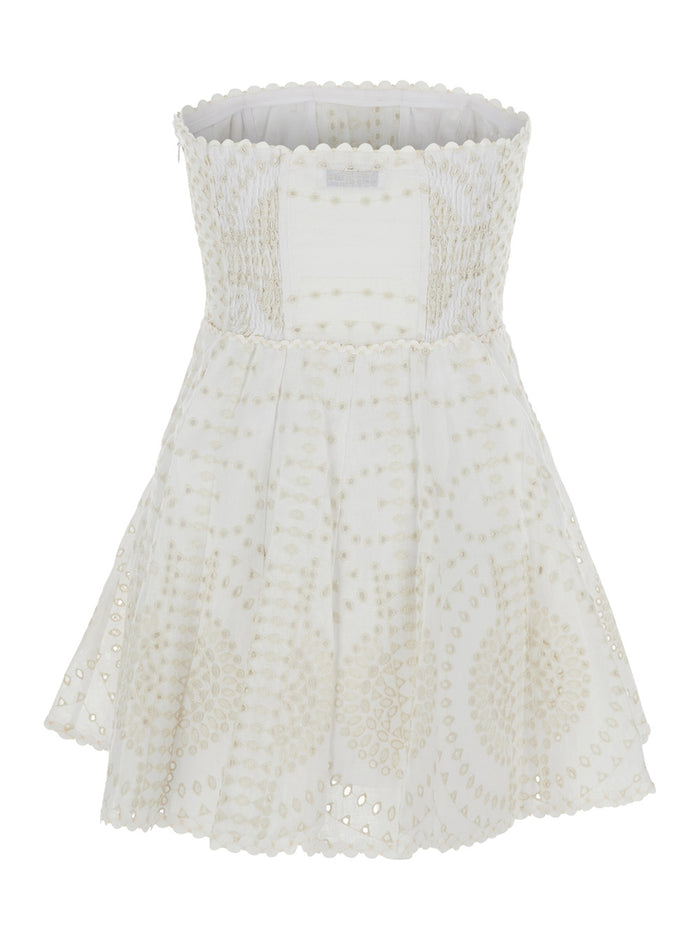 Clem White Dress with Flounce SKirt and All-Over Embroidery in Cotton Linen Blend Woman Polyester