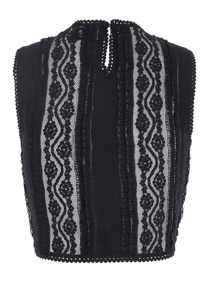 Asteria Black Top With Embroidery Details And Semi-Transparent Design Cotton Tech Fabric Blend Woman Nylon Spandex Tops