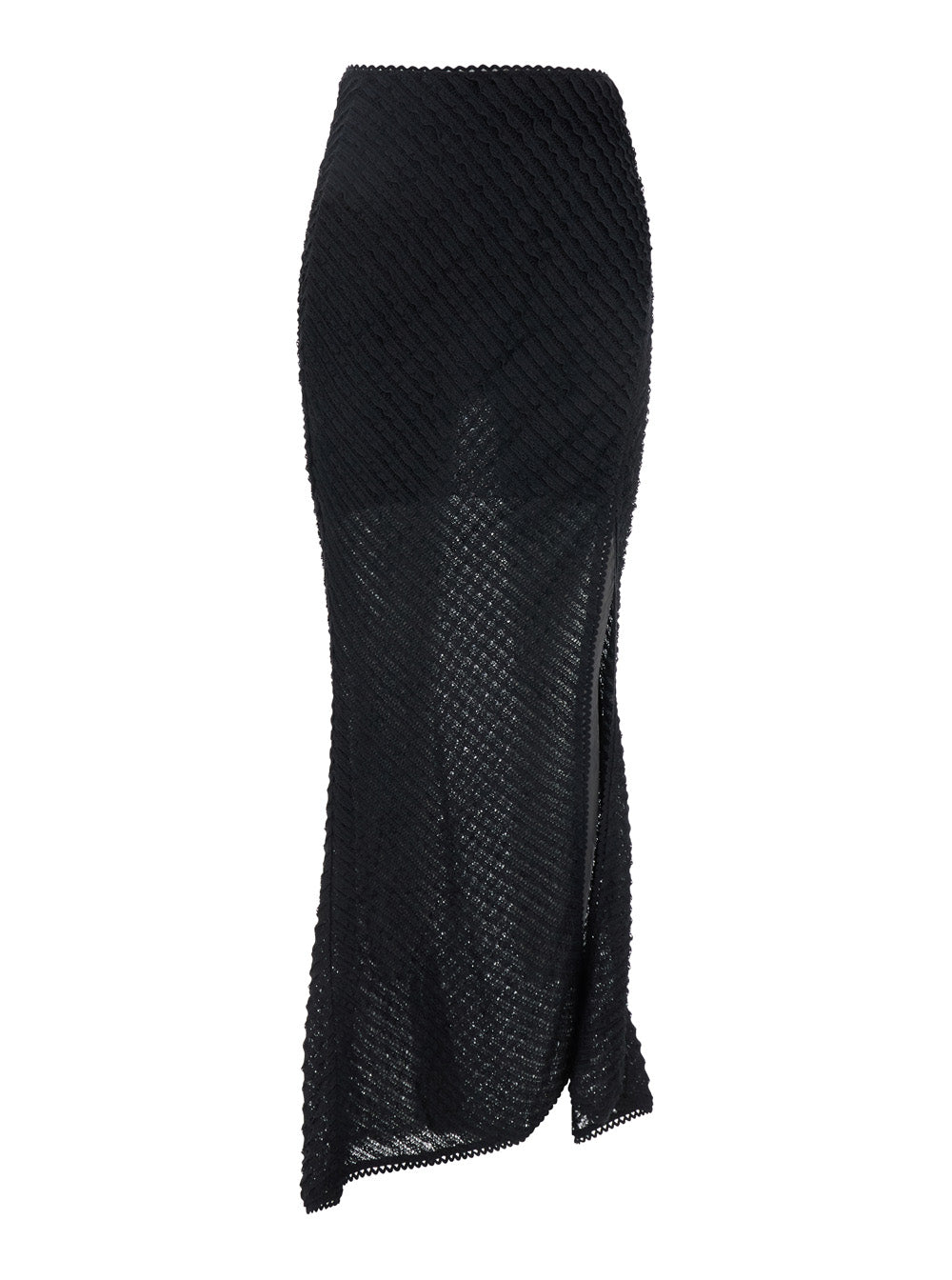 Erin Black Long Skirt With Side Single Slit And All-Over Embroidery Tech Fabric Woman