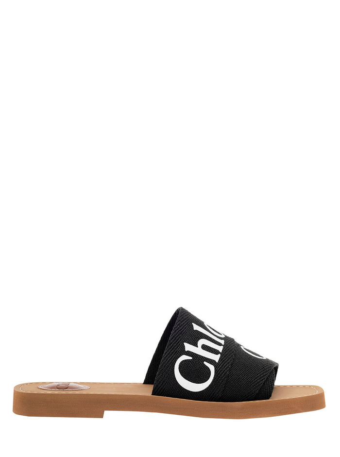 Chloé Womans Black Canvas Sandals with Logo Calf Leather Flat Shoes