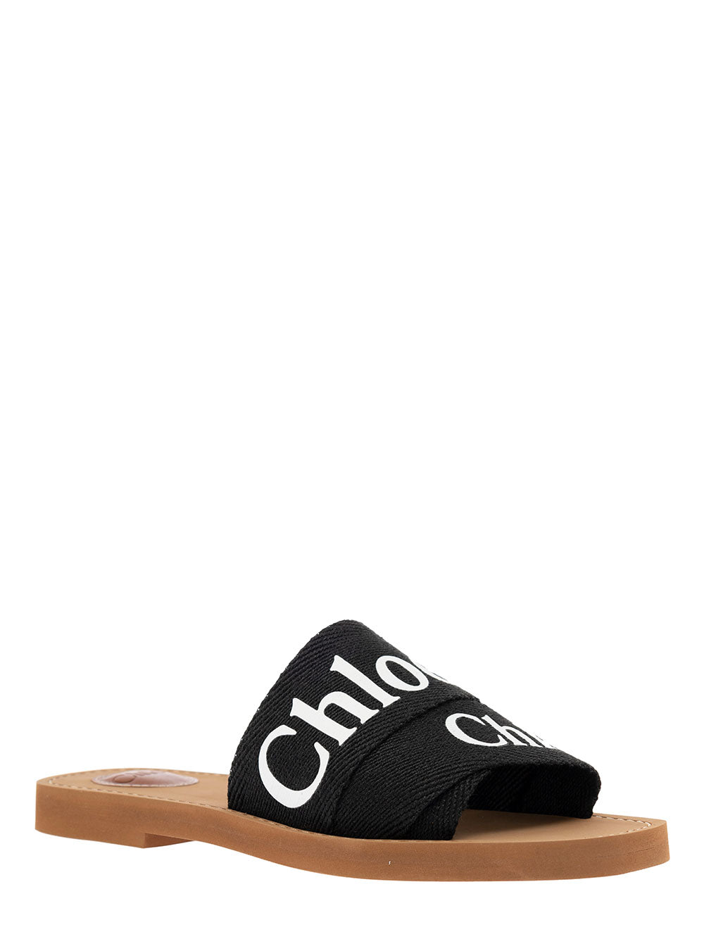 Chloé Womans Black Canvas Sandals with Logo Calf Leather Flat Shoes