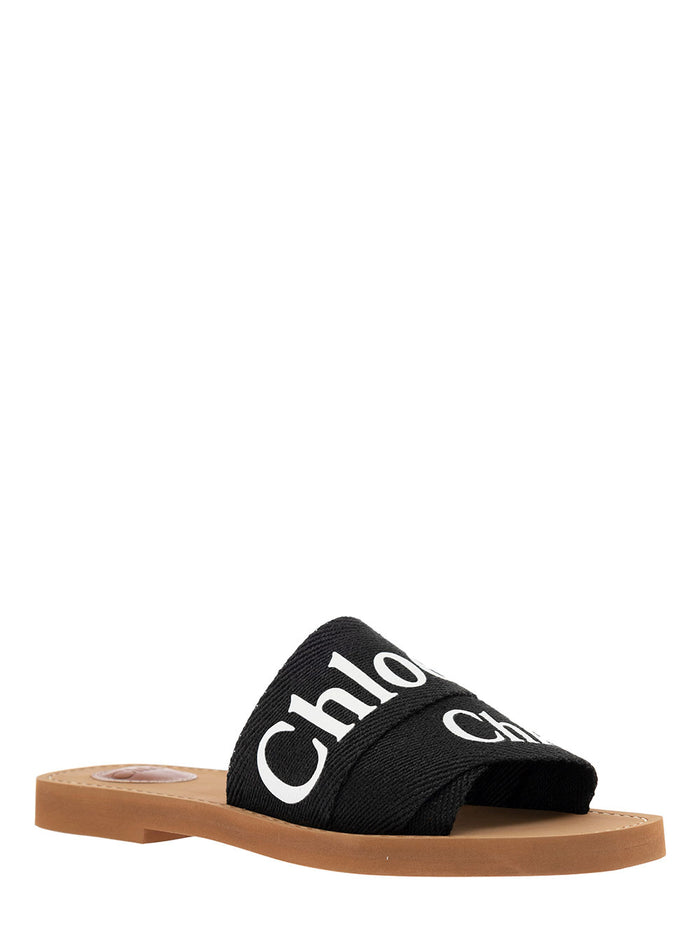Chloé Womans Black Canvas Sandals with Logo Calf Leather Flat Shoes