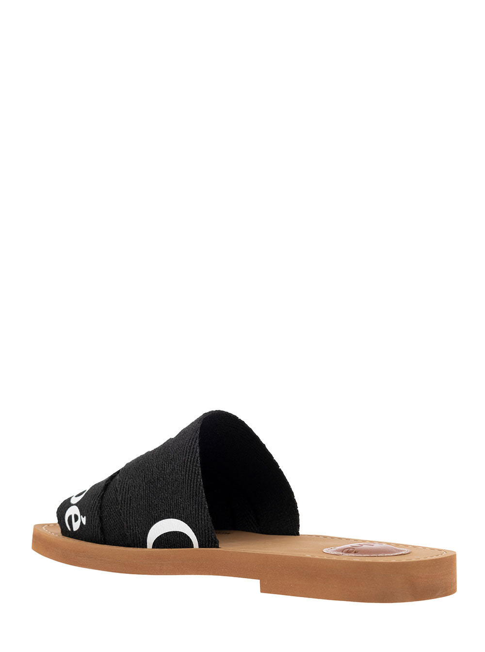 Chloé Womans Black Canvas Sandals with Logo Calf Leather Flat Shoes