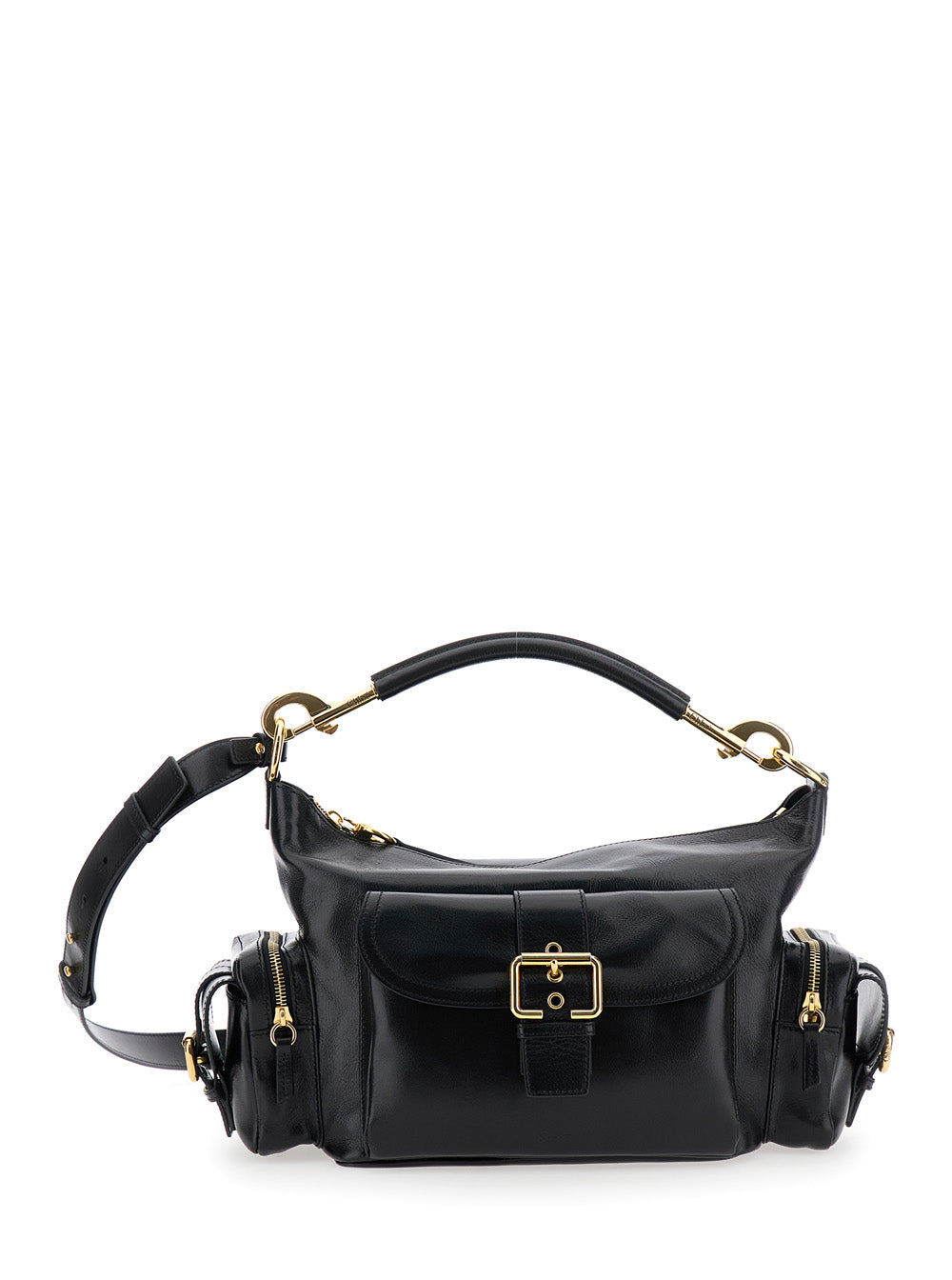 Camera Bag Black Shoulder with Logo Buckle and Removable Handle in Leather Woman Cotton