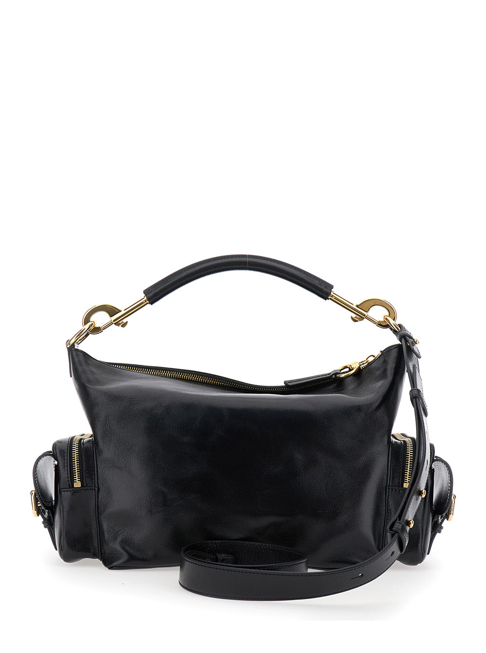 Camera Bag Black Shoulder with Logo Buckle and Removable Handle in Leather Woman Cotton