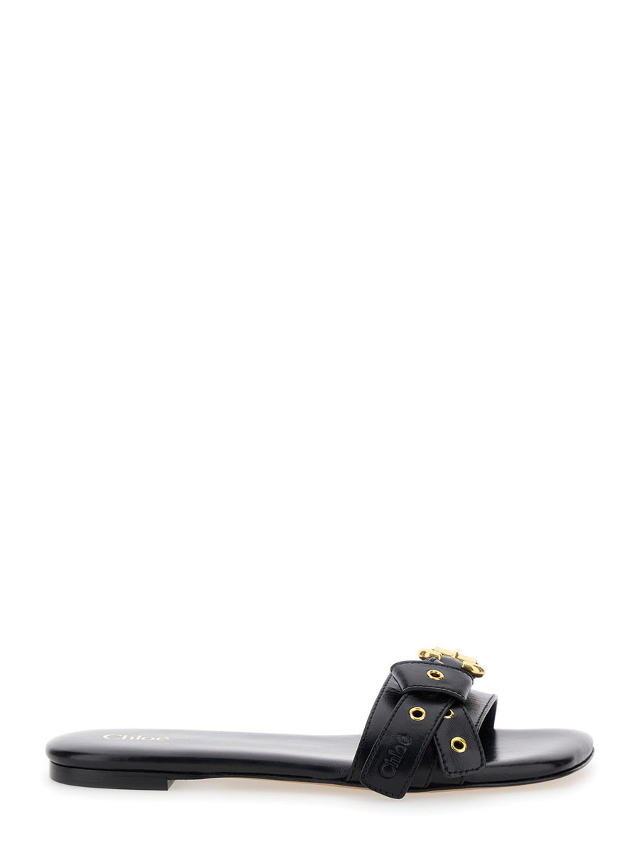Black Slip-On Sandals With Logo Insole Calf