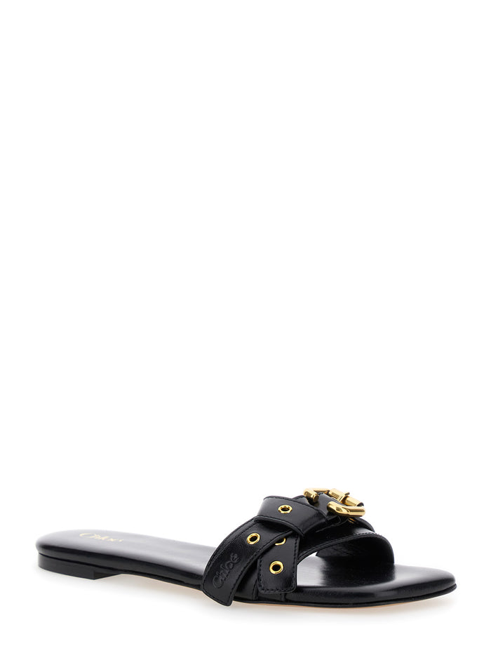 Mae Black Slip-On Sandals with Embossed Logo on the Insole in Leather Woman Calf Flat Shoes