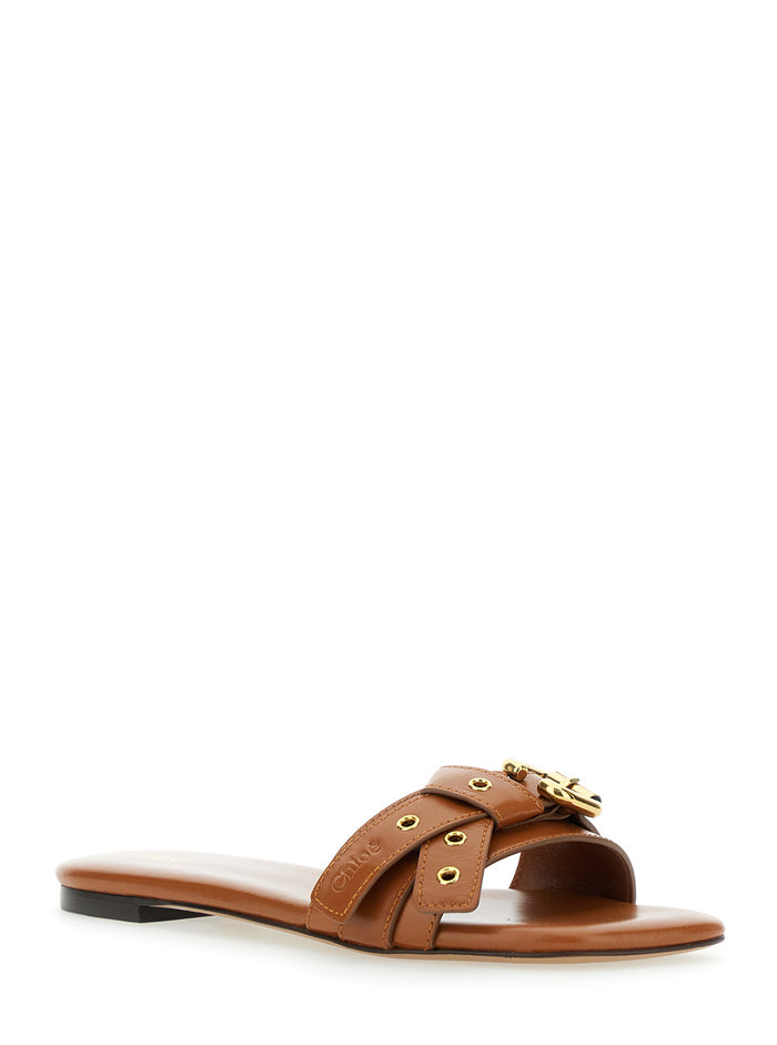 Mae Brown Sandals with Strap Embellishment Logo in Leather Woman Linen Flat Shoes