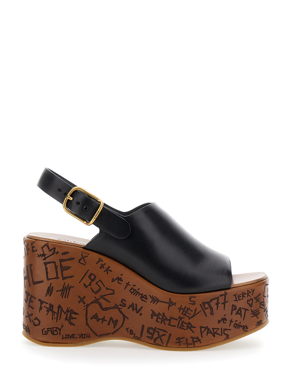Maxime Black Wedge with Engraved Written Decorations and Logo Buckle in Leather Woman Calf Wedges