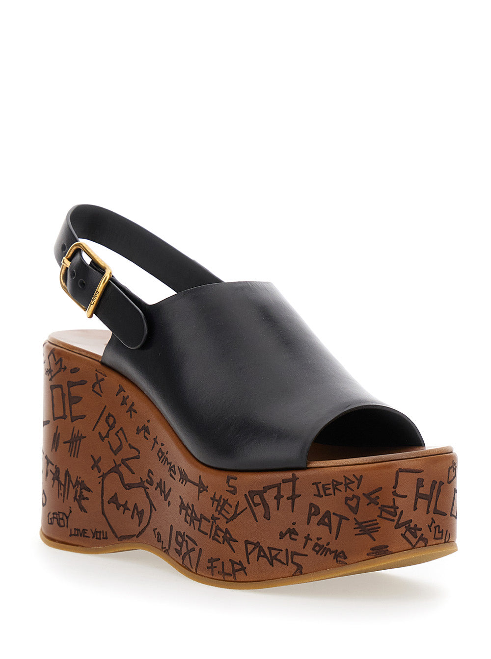 Maxime Black Wedge with Engraved Written Decorations and Logo Buckle in Leather Woman Calf Wedges