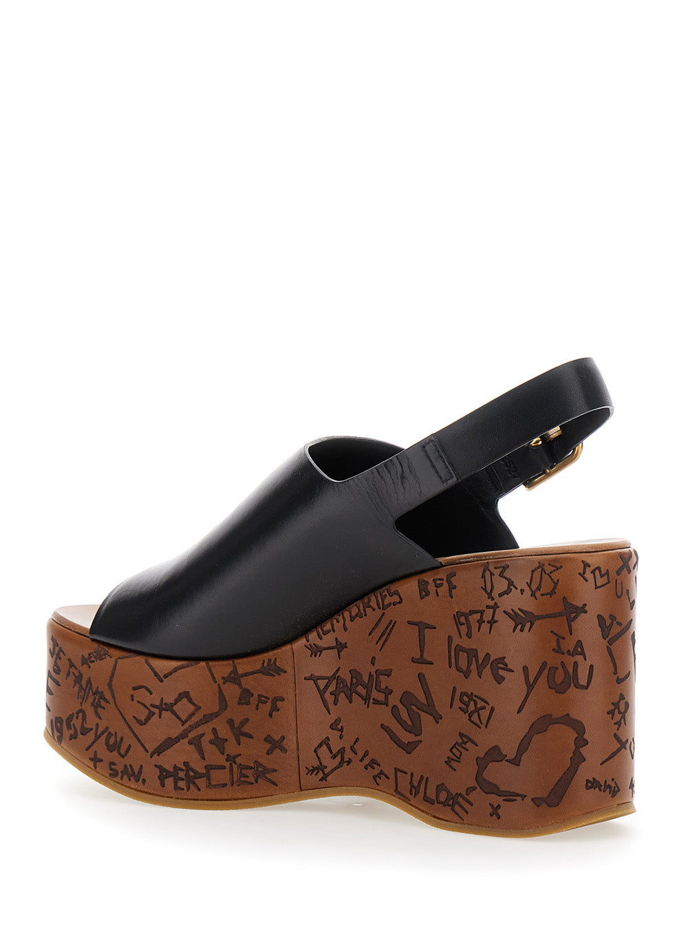 Maxime Black Wedge with Engraved Written Decorations and Logo Buckle in Leather Woman Calf Wedges