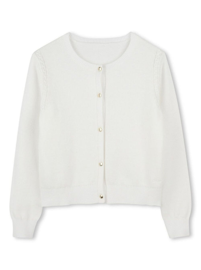 White Cardigan With Round Neck And Front Button Closure Cotton Girl Jersey