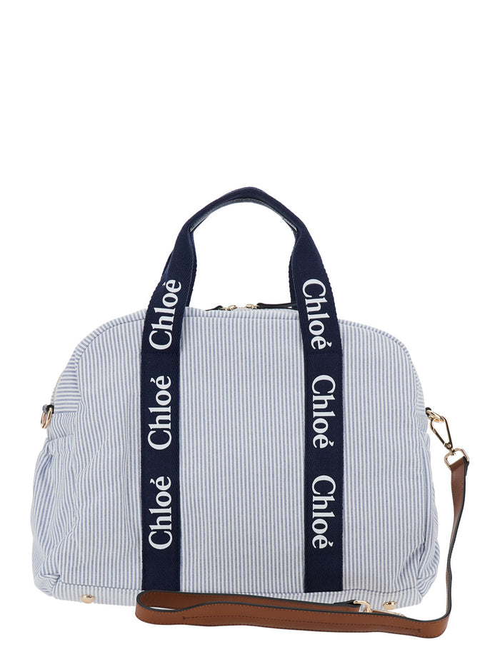 Light Blue Crossbody Diaper Bag With Logo Lettering On The Handles And All-Over Striped Motif Cotton Blend Girl Polyester