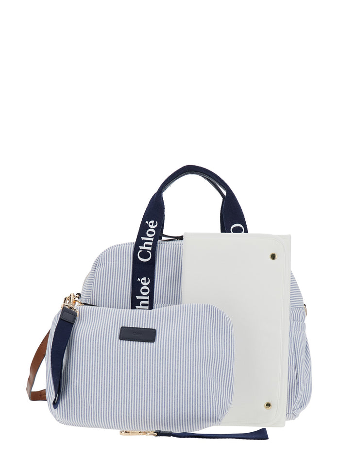 Light Blue Crossbody Diaper Bag With Logo Lettering On The Handles And All-Over Striped Motif Cotton Blend Girl Polyester