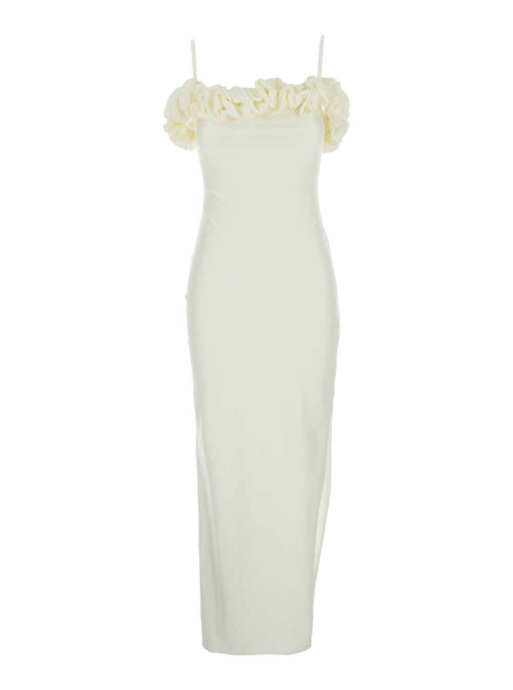 White Sleeveless Long Dress with Ruched Detail and Asymmetric Hem in Tech Fabric Stretch Woman Polyamide Elastane