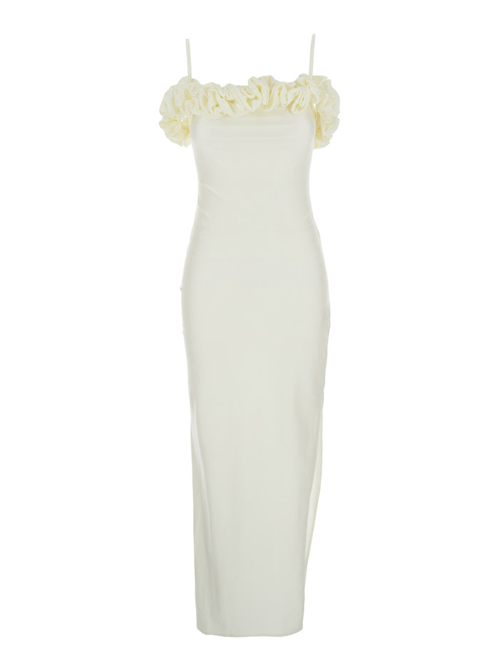 White Sleeveless Long Dress with Ruched Detail and Asymmetric Hem in Tech Fabric Stretch Woman Polyamide Elastane