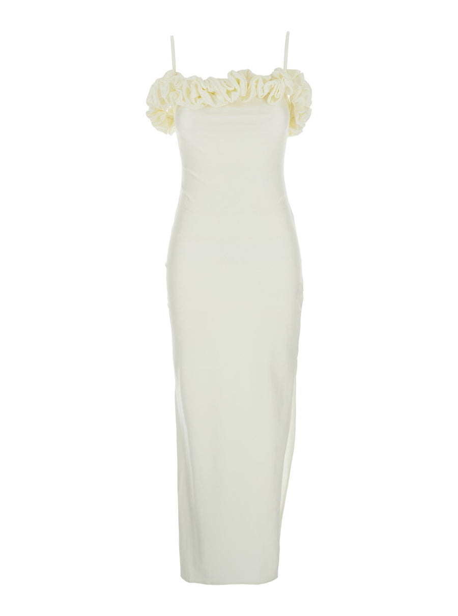 White Sleeveless Long Dress With Asymmetric Hem Polyamide