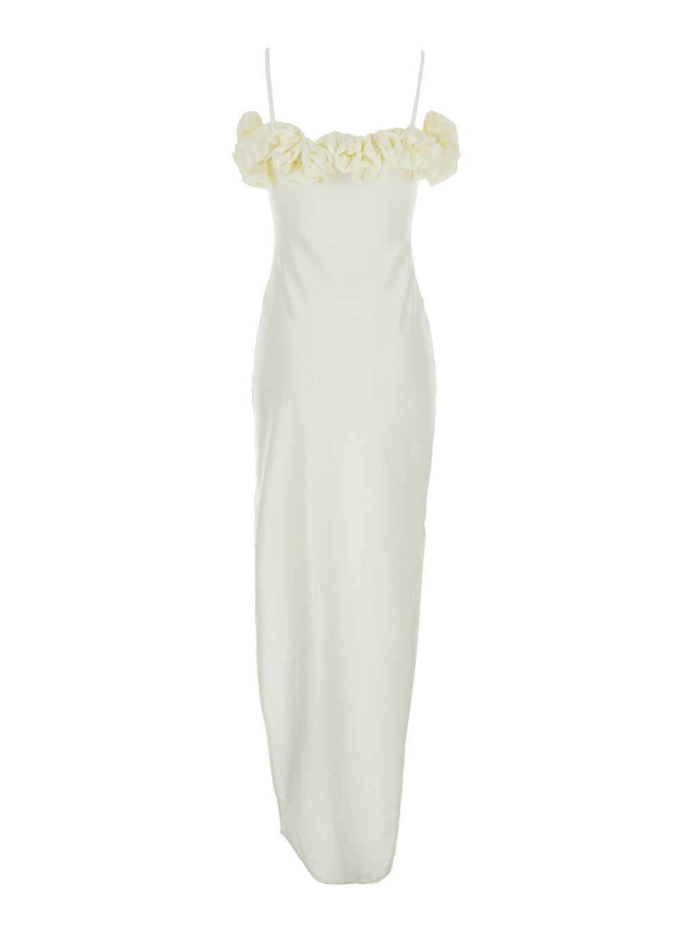 White Sleeveless Long Dress with Ruched Detail and Asymmetric Hem in Tech Fabric Stretch Woman Polyamide Elastane