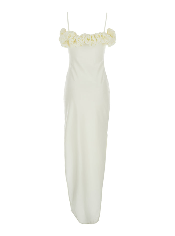 White Sleeveless Long Dress with Ruched Detail and Asymmetric Hem in Tech Fabric Stretch Woman Polyamide Elastane