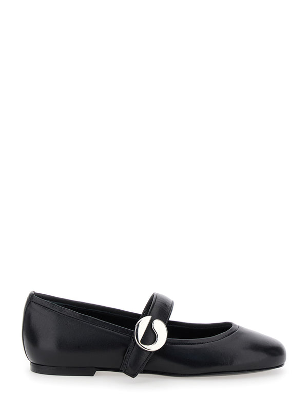 Black Ballerinas With Metallic Logo And Strap Leather Ballerina Shoes