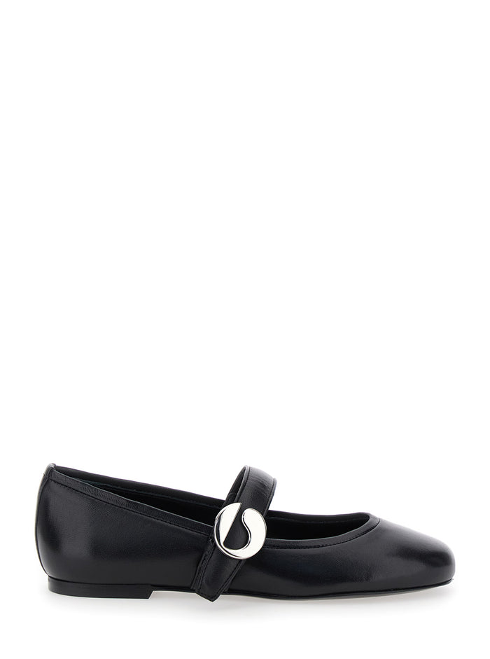 Black Ballerinas With Metallic Logo And Strap Smooth Leather Woman