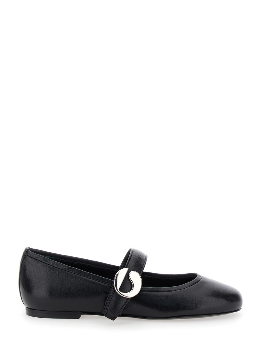 Black Ballerinas With Metallic Logo And Strap Leather Ballerina Shoes