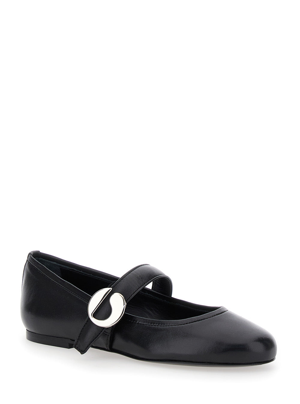Black Ballerinas With Metallic Logo And Strap Smooth Leather Woman