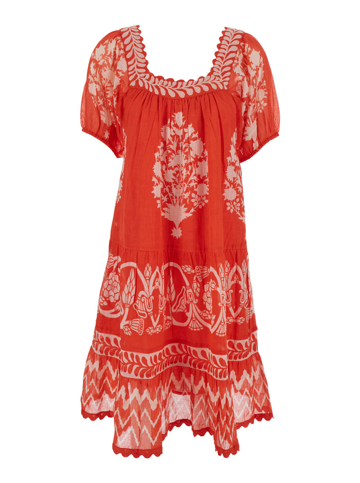 Orange Flared Dress With Square Neck And All-Over Print Cotton Woman