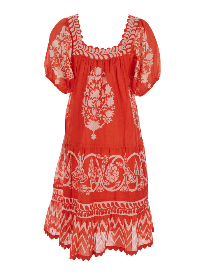 Orange Flared Dress With Square Neck And All-Over Print Cotton Woman