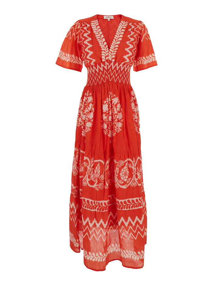 Orange Long Dress With V-Neck And All-Over Graphic Print Cotton Woman