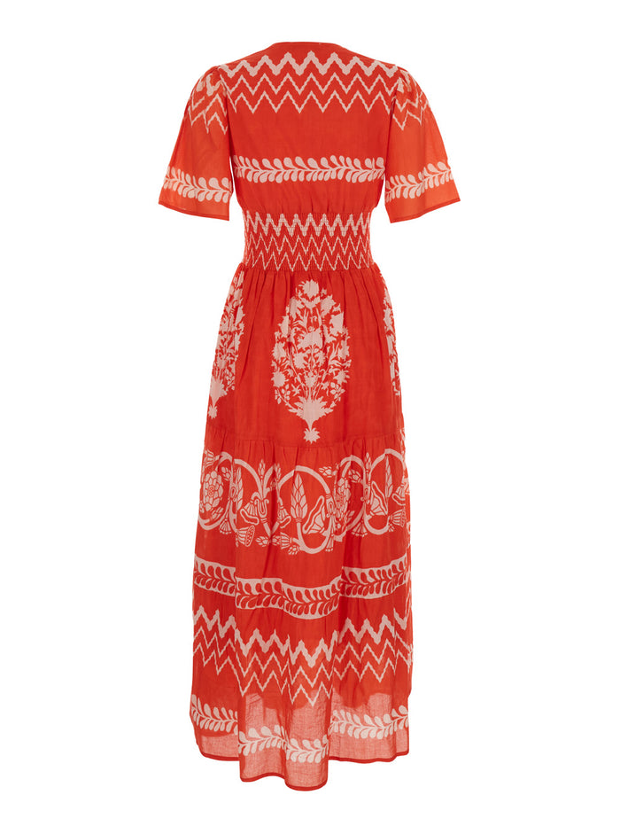 Orange Long Dress With V-Neck And All-Over Graphic Print Cotton Woman