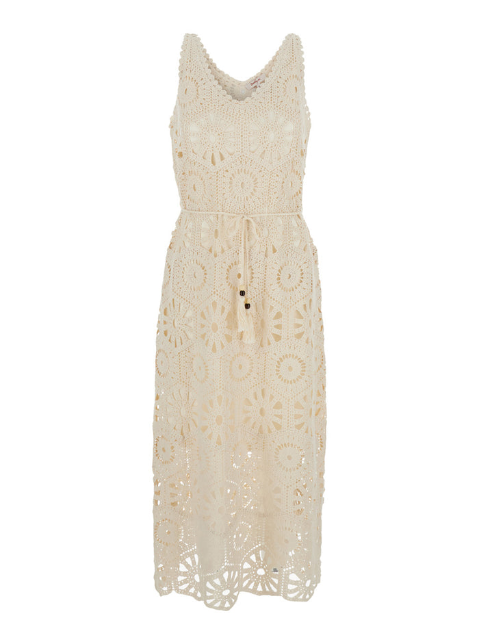 Xaviere White Long Dress With V-Neck And All-Over Lace Embroideries Cotton Woman