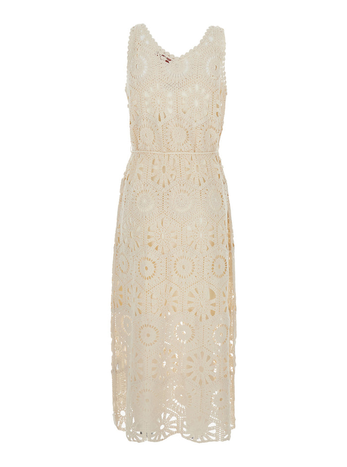 Xaviere White Long Dress With V-Neck And All-Over Lace Embroideries Cotton Woman