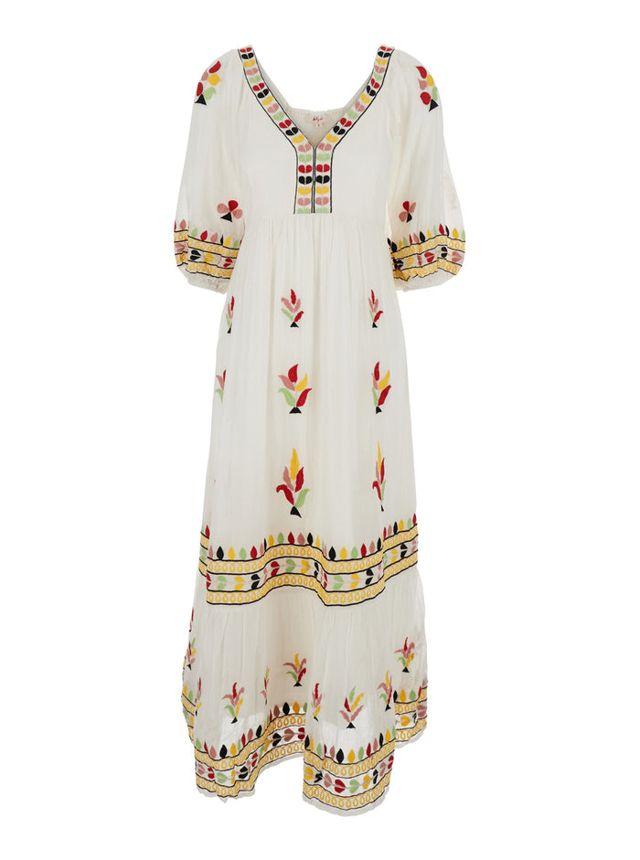 Candice White Long Dress With Wide Neckline On The Front And All-Over Embroidery Cotton Woman