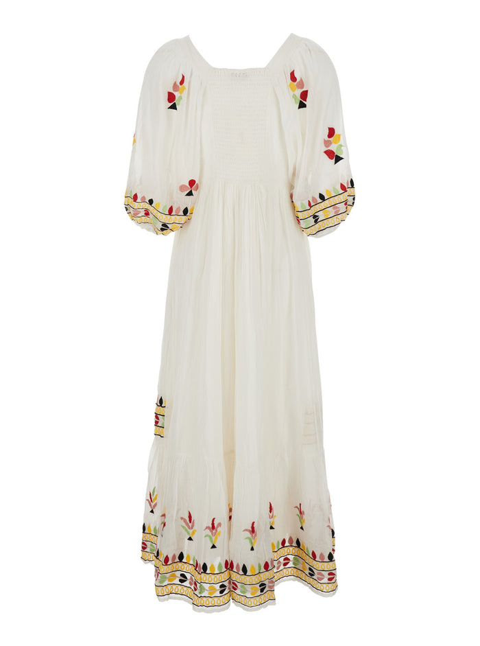 Candice White Long Dress With Wide Neckline On The Front And All-Over Embroidery Cotton Woman