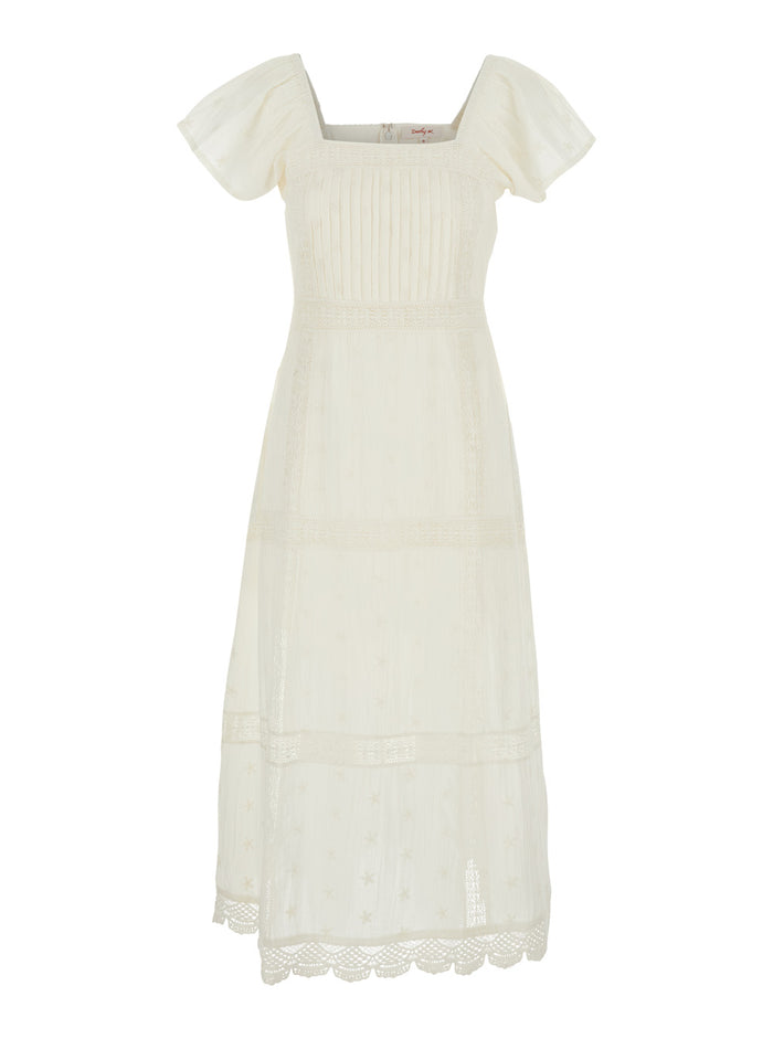 Christelle White Long Dress With Square Neck And All-Over Lace Embroidery Cotton Woman