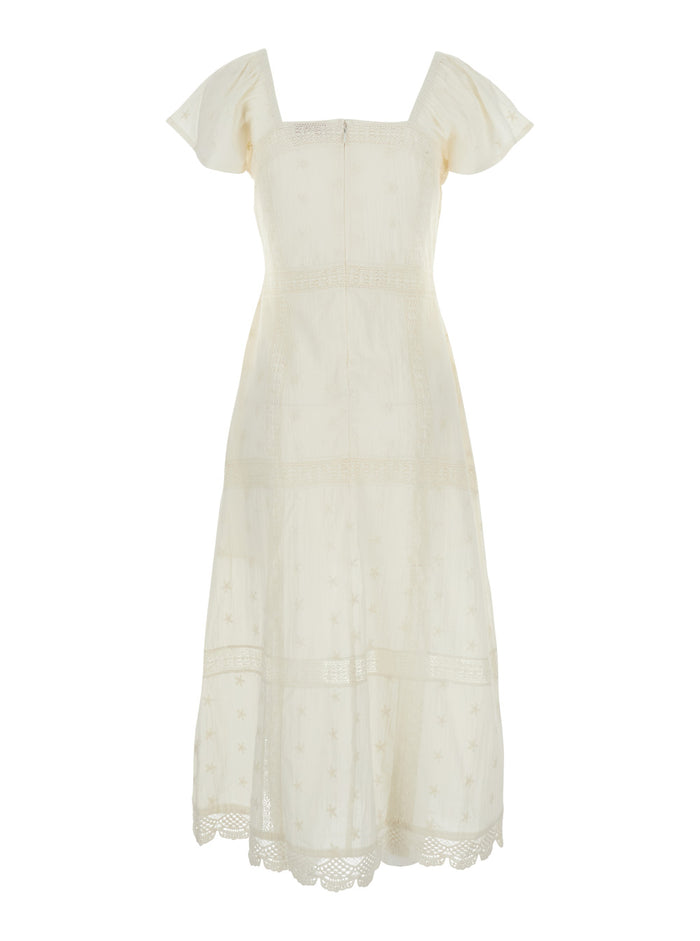 Christelle White Long Dress With Square Neck And All-Over Lace Embroidery Cotton Woman