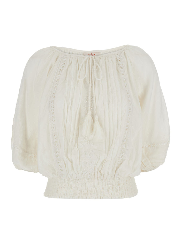 Bahamas White Blouse With Puffed Sleeves And Tassel Details On The Front Cotton Woman Shirts Blouses