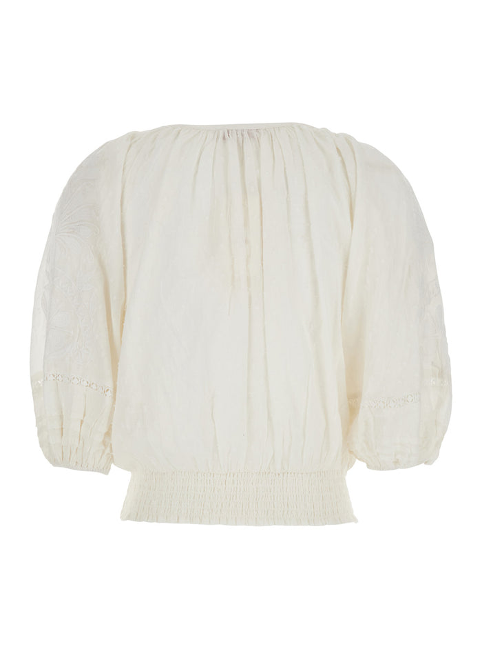 Bahamas White Blouse With Puffed Sleeves And Tassel Details On The Front Cotton Woman Shirts Blouses
