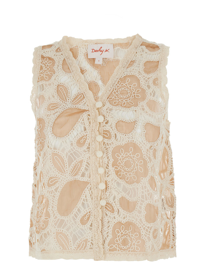 Beaulieu Beige Sleeveless Blouse With V Neck And All-Over Embroidery Lace Woman Shirts Blouses